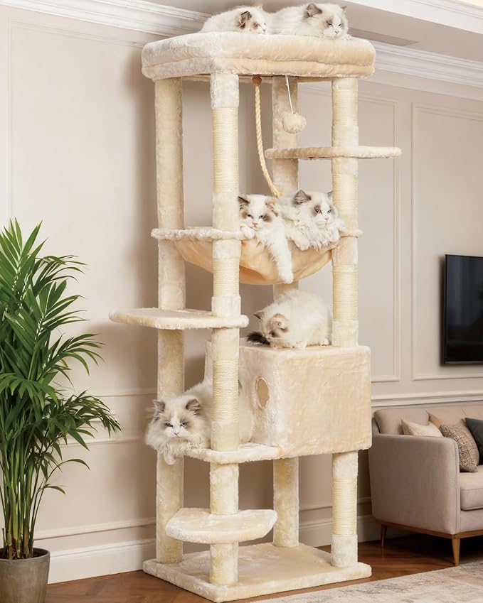 Heybly Cat Tree for Large Cats 20lbs Heavy Duty,60 inches XXL Cat Tower for Indoor Cats, Multi-Level Furniture Condo with Big Padded Plush Perch, Cozy Basket, Beige HCT050M