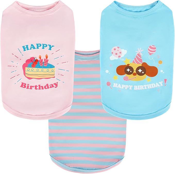 3 Pack XSmall Birthday Print Dog Shirt,Lightweight Sleeveless Vest,Puppy Party Clothes Indoor Wear,Soft Breathable for Sensitive Skin,Free Movement (Pink & Blue,XS)