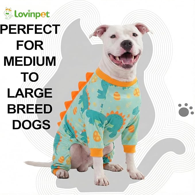 LovinPet Large Dog Pajamas, Four-Leg Stretch Onesie Bodysuit, Lightweight UV-Shielding Pajamas, Anti-Lick Calming Recovery Suit for Surgery, Pull-On for Medium and Large Breeds,Green Orange,L