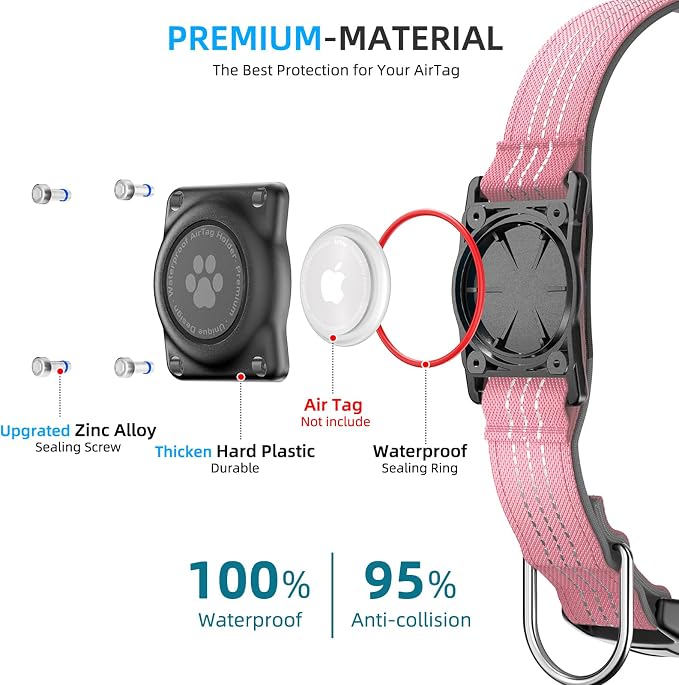 Upgrade Dog Collar with AirTag Holder, IP68 Waterproof, Pink, XS | Built-in Water Resistant AirTag holder, 1000D Nylon, Reflective Stitching for Night Visibility, Soft padding for Comfort