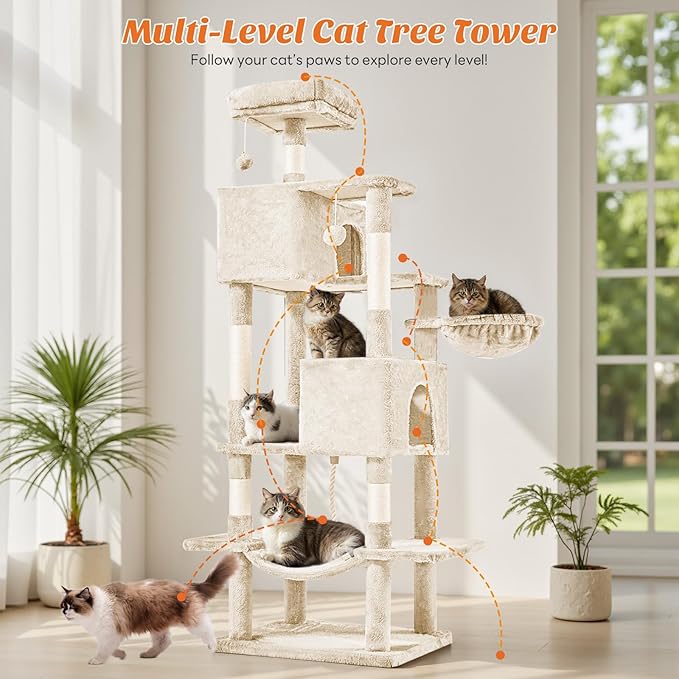 Aidoly Large Cat Tree 66 Inch, Multi-Level Tall Cat Tree Tower with Condo, Perches, Sisal Scratching Posts and Hammock, Pet Play House with Dangling Balls for Indoor Cats, Beige