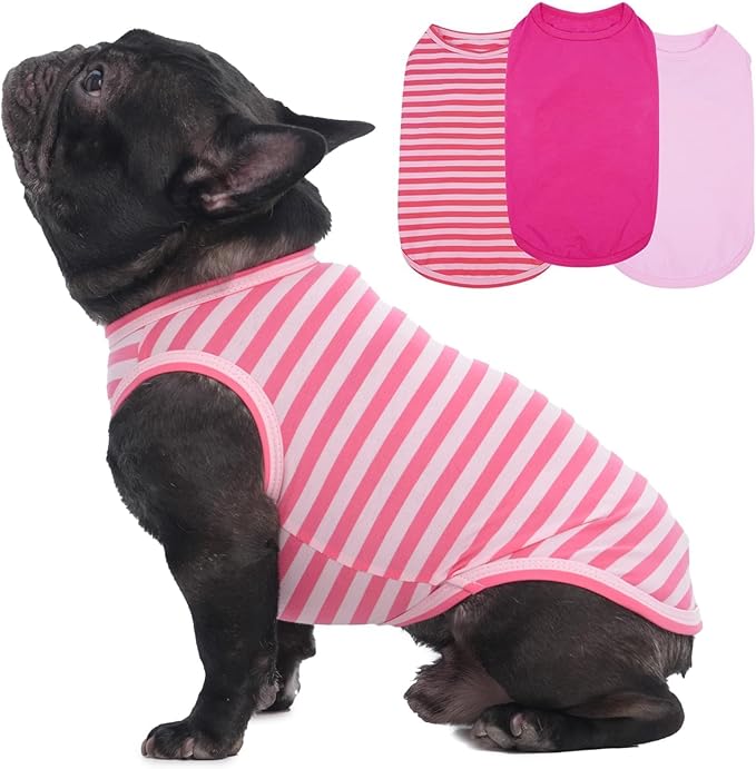 3 Pack Striped Pink Dog Tshirt,French Bulldog Large Sleeveless Tee to Prevent Overheating,Seaside,Backyard,Lightweight Cozy Indoor Wearing,Striped & Solid Color(Pink,L)