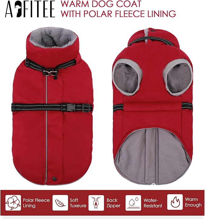 AOFITEE Dog Coat, Warm Dog Winter Jacket with Harness Built in, Waterproof Pet Snow Coat with Zipper on Back, Fleece Pet Sweater Puffer Jacket Snowsuit for Extra Large Dogs, Christmas Red XXXL