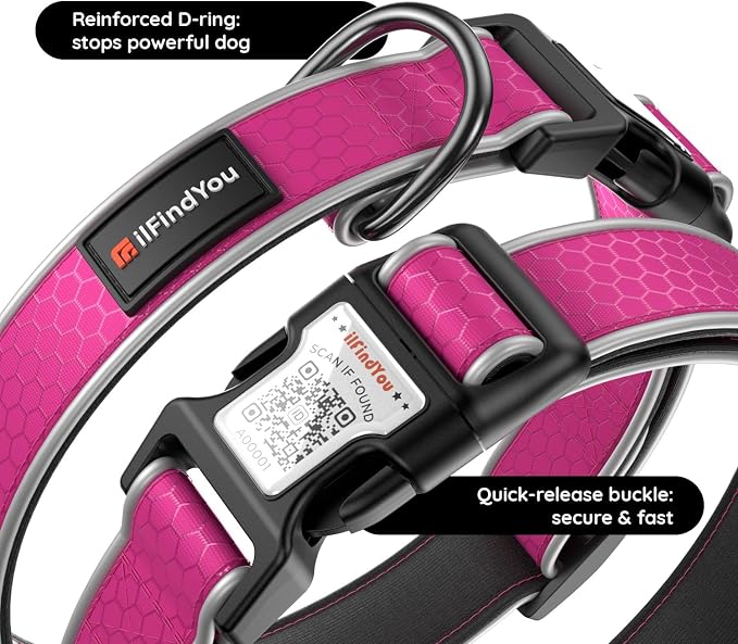 Personalized Dog Collar with QR Code Dog Tag, Oxford Rose Red S | Anti-lost, Oxford, reflective, padded, XS-L(8"-24"), QR buckle shares lost pet profile, location alerts when scanned, No Fees