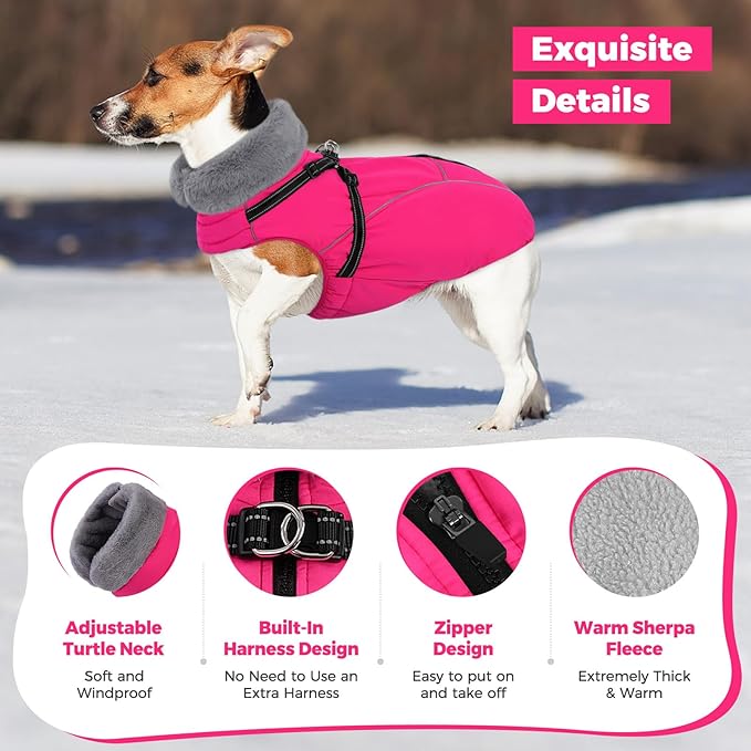 Queenmore Large Dog Jackets,Dog Coats for Extra Large Dogs with Harness Built in,Reflective Waterproof Dogs Jackets with Fleece Lining,Warm Snowsuit Pet Coats for German Shepherd,Rosered,XXXL