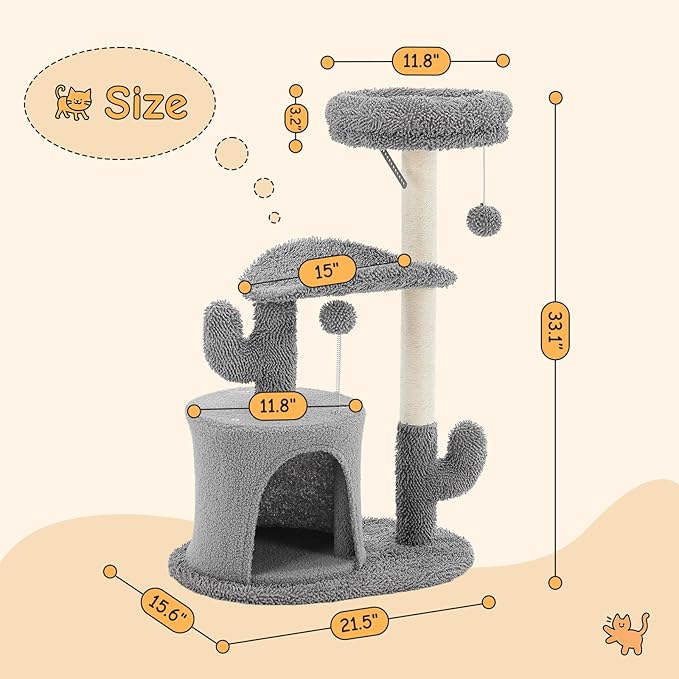 Aidoly 33 Inch Small Cat Tree Tower, Cat Tree with Curved Bed, Cat Tower with Scratching Post and Cozy Condo for Indoor Kittens and Cats, Grey