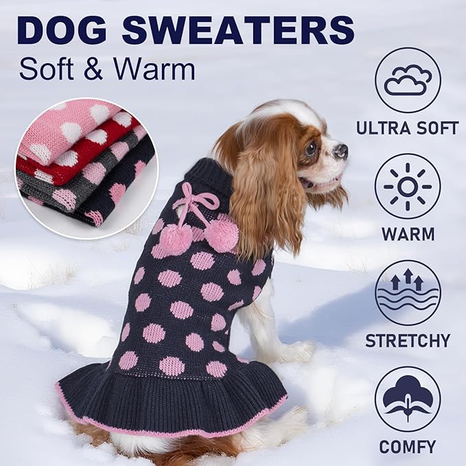 KYEESE Dog Sweaters with Leash Hole Small Dogs Sweater Dress Polka Dot Knitwear Warm for Girl Dog Clothes with Pom Pom Ball, M