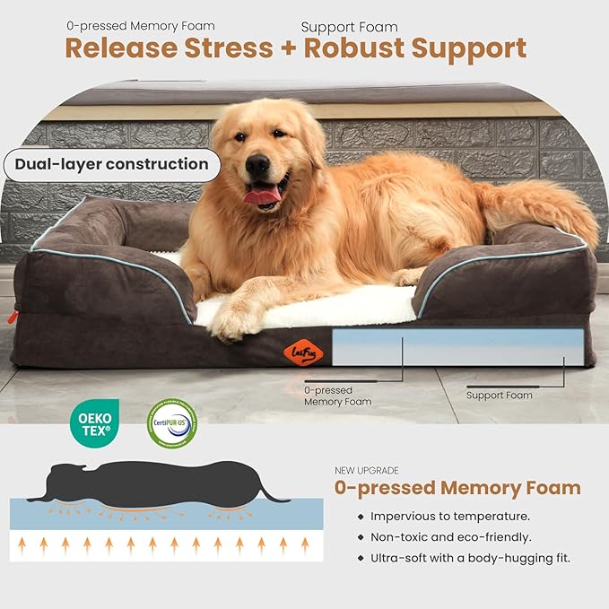 Laifug Large Orthopedic Premium Memory Foam Dog Bed, Dog Sofa with Washable and Removable Suede Cover, Waterproof Liner and Non-Slip Bottom Light Brown, X-Large(44''x34''x9'')