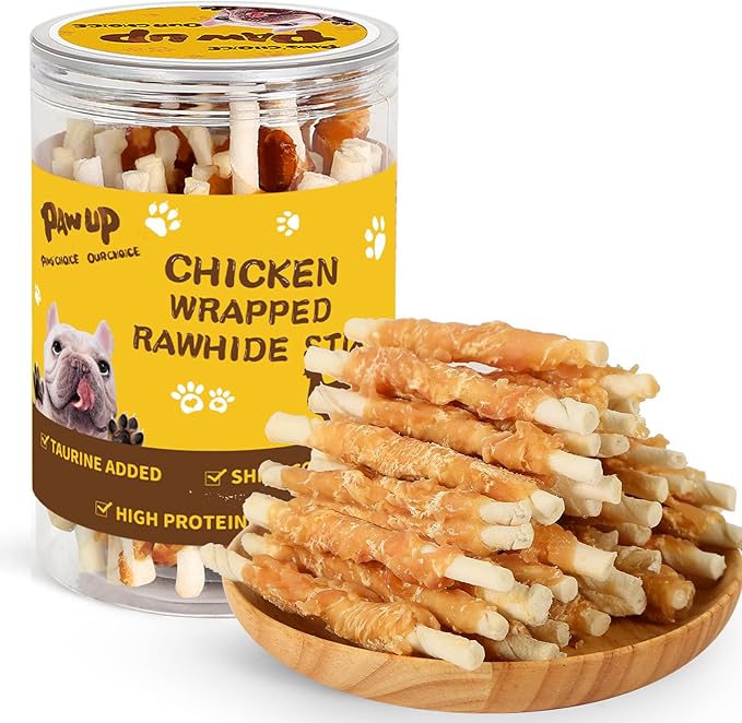 PAWUP Dog Treats Chicken Wrapped Rawhide Sticks Long Lasting Dog Chews, Natural Snacks for Medium Large Dogs w/Taurine,12.5 oz (25-30 Count)