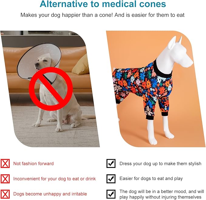 LovinPet Large Dog Clothes, Anti Licking Shirt, Wound Care Dog PJS, Stretchy Skin-Friendly Fabric, Wild Daisy Black Print, Pitbull Clothes, Pajamas for Pitbulls, 2XL