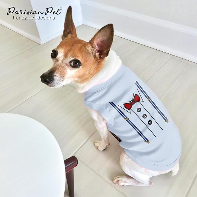 Parisian Pet Dog T-Shirt - Suspender Tuxedo Dog Shirt - Breathable and Lightweight Boy Pet Clothes - Sleeveless Pet Tee Shirts - Machine Washable Shirts for Small Pets - S