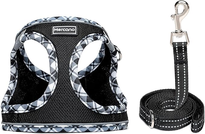 Mercano Soft Mesh Dog Harness and Leash Set, No-Chock Step-in Reflective Breathable Lightweight Easy Walk Vest Harnesses with Safety Buckle for Small Dogs, Cats (Black White, S)