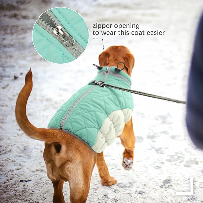 FUAMEY Dog Coat for Large Dogs,Waterproof Dog Winter Jacket with Harness Built in Puppy Cold Weather Coats Reflective Pet Vest with Zipper Warm Fleece Dogs Snowsuit Windproof Mint Green L