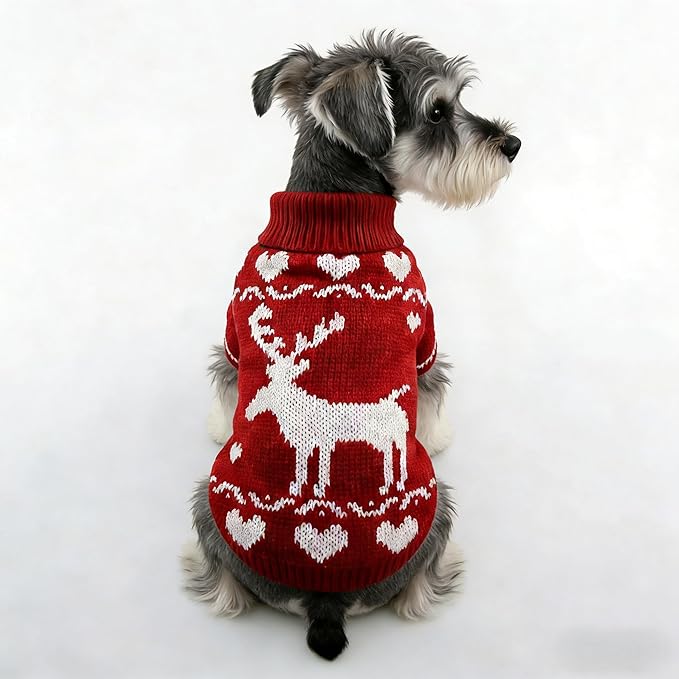 Small Dog Cold Weather Sweaters – Warm Knit Turtlenecks, Cozy Pet Pullovers Dog Clothes with Leash Hole for Chihuahua Bulldog Pug Beagles (White/Red, Medium)