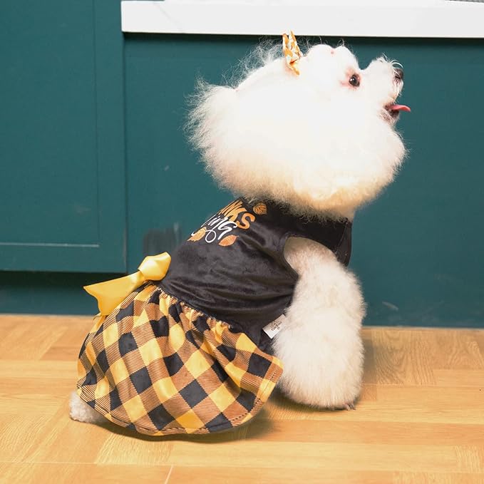CuteBone Happy Thanksgiving Day Dog Fall Dress Costume Velvet for Small Dogs Girl Puppy Dresses Yellow Plaid Dog Clothes CVA03XXS-D