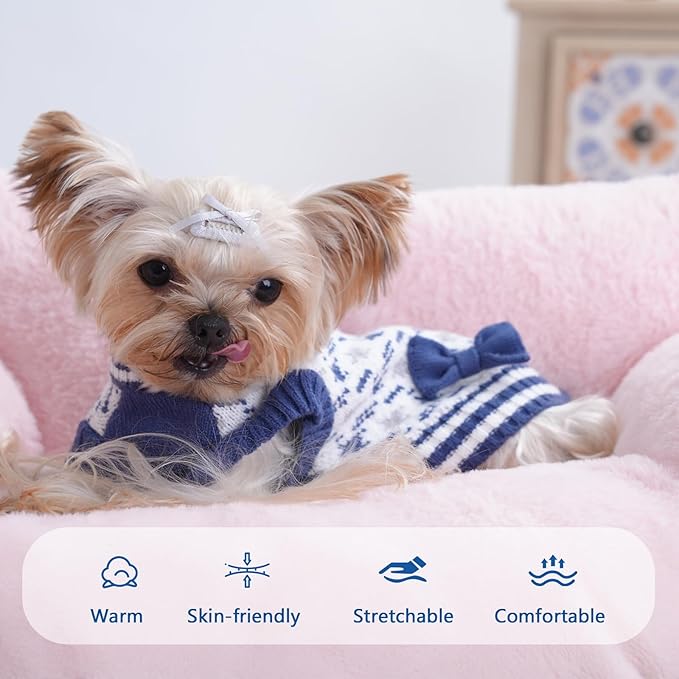 Small Dog Sweaters Boy Pet V-Neck Doggy Sweater Knit Christmas Halloween Dog Sweater for Pomeranian Bichon Frise Pug Cold Weather Outfit Pet Formal Dress (Blue, L)