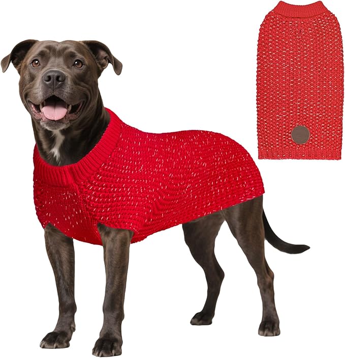 KYEESE Dog Sweater with Leash Hole Comfy Pullover Sweater Medium Size Male with Reflective Yarn Warm Pet Coats Stretchy Cozy Lightweight Thick Knitwear Dog Clothes,Red, X-Large