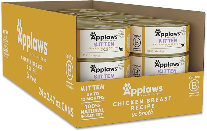 Applaws Natural Wet Kitten Food in Broth, Limited Ingredient Canned Wet Kitten Food, No Additives, Made with Natural Ingredients, Chicken Breast in Broth (24 x 2.47oz Cans)