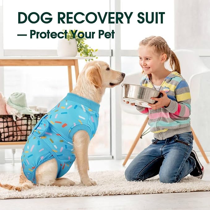 Kuoser Dog Surgery Suit, Dog Surgery Suit Male Neuter, Comfy Puppy Recovery Suit Doggie Onesie, Post-Op Onesie for Female & Male Dogs, Soft Protective Wear, BlueRibbon L