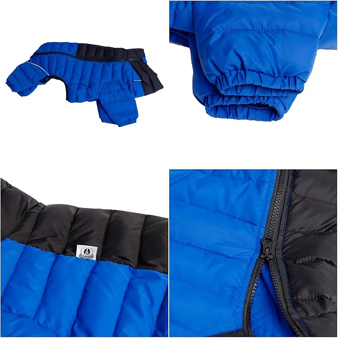 Dog Warm Jacket Coat, 4 Legs Covered, Waterproof Windproof Reflective, Zippered Adjustable Outdoor Snow Jacket for Small-Medium-Large Dogs Blue