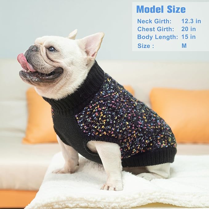 BEAUTYZOO Cable Knit Small Dog Sweater, Color Block with Fuzzy Thread Knitted Turtleneck Dog Knitwear with Dots in a Variety of Colors for Small Medium Dogs Fall Winter Dog Clothes, S/M Black