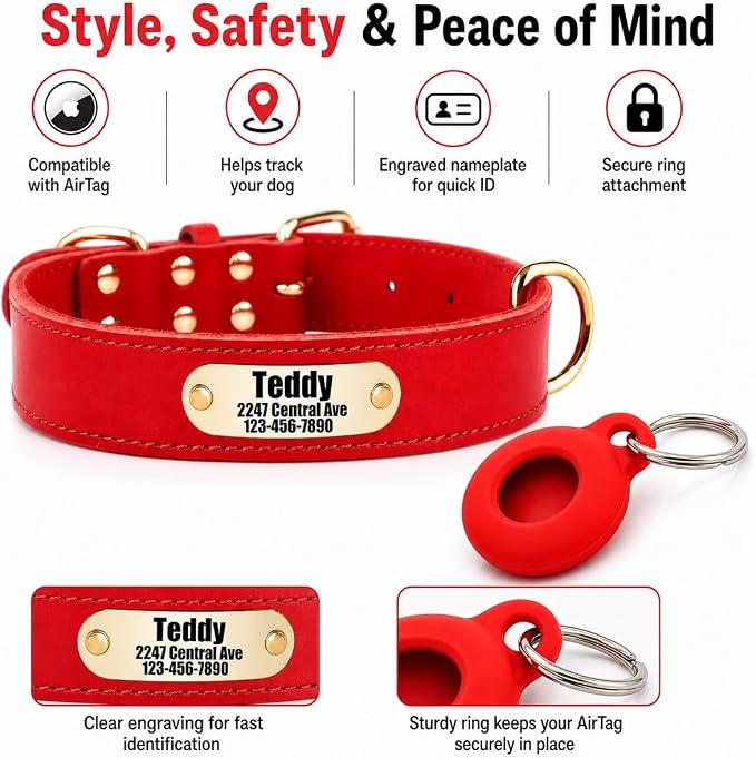 Personalized Genuine Leather Dog Collar with Name & Phone Number-Red-S