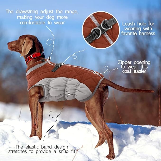 FUAMEY Dog Coat for Large Dogs,Waterproof Dog Winter Jacket with Harness Built in Puppy Cold Weather Coats Reflective Pet Vest with Zipper Warm Fleece Dogs Snowsuit Windproof Brown XXL