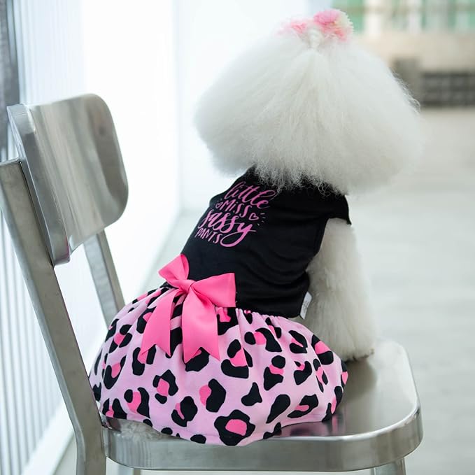 CuteBone Little Miss Sassy Pants Dog Leopard Print Dress Velvet for Small Dogs Girl Puppy Dresses Pink Dog Clothes CVA15M-D