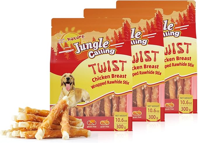 Jungle Calling Dog Treats, Chicken Wrapped Rawhide Sticks Dog Chews, Rawhide Chewy Training Snacks for Small, Medium & Large Dogs, 2 lbs (3 Packs)
