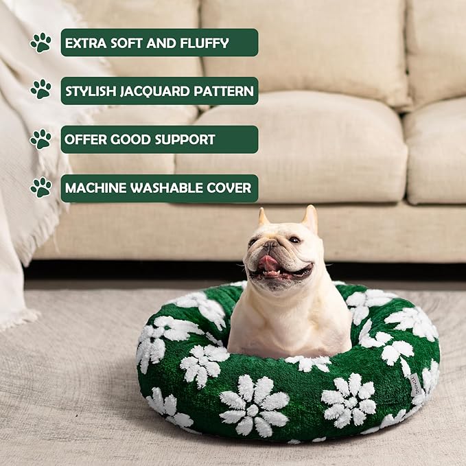 Yaning Donut Dog Beds for Small Dogs, Calming Round Cat Beds for Indoor Cats, Cute 3D Textured Flower Pet Bed with Removable Washable Cover and Anti-Slip Bottom（Green，23"）