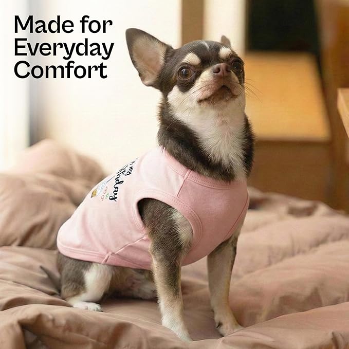 Parisian Pet Dog T-Shirt with Embroidered 'It's My Birthday' - Birthday Girl Tee Shirt - Sleeveless Pet Vest - Pink Washable Shirts for Small Dogs XXS