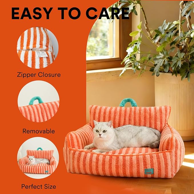 ZEZE Striped Furniture Style Sofa Cat Bed – Modern Upholstered Pet Couch for Cats & Small Dogs, Soft Cushion & Elevated Design, Stylish Pet Furniture for Home Decor (Orange, Large)