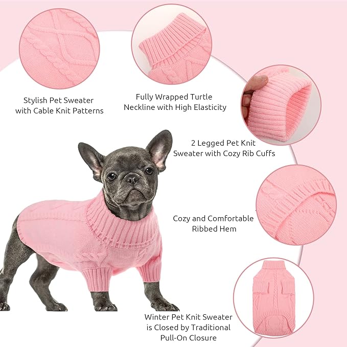 Queenmore Small Dog Pullover Sweater, Cold Weather Cable Knitwear, Classic Turtleneck Thick Warm Clothes for Chihuahua, Bulldog, Dachshund, Pug, Yorkie (Pink, Medium)