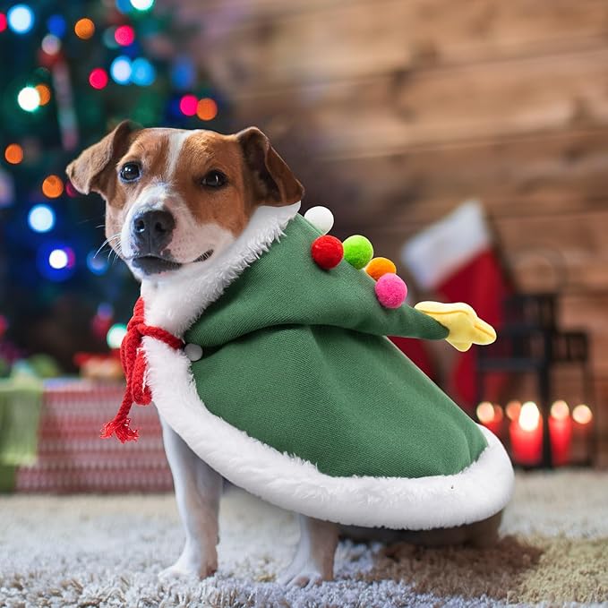 Cat Christmas Cape with Velvet Stars Hat, Small Dog Soft Thick Xmas Cloak, Pets Christmas Costume Dogs Cats Santa Claus Outfits for Goose, M