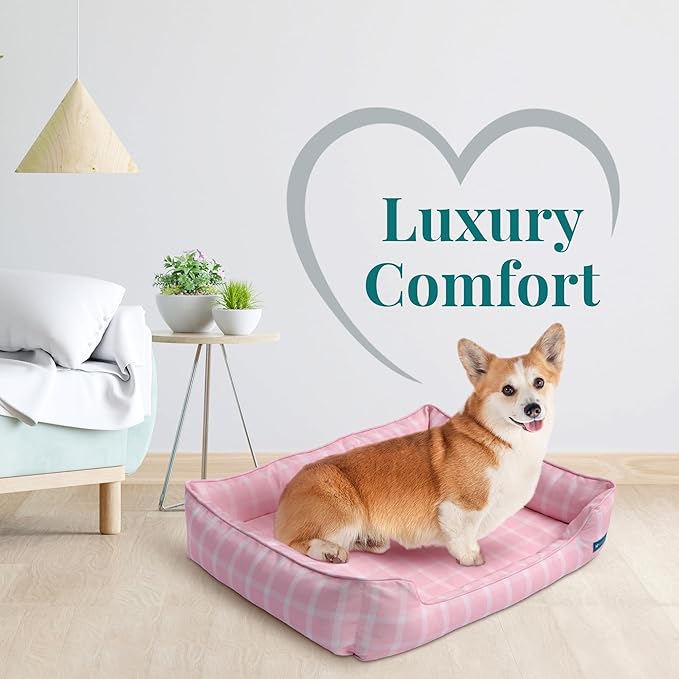 Pupstilo Orthopedic Bolster Dog Bed – CertiPUR-US Foam, Recycled Polyester Canvas, Washable Cover, Anti-Slip Bottom, Medium, Pink Check – Stylish Designer Dog Sofa