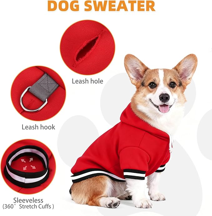 KOOLTAIL Dog Christmas Hoodie with Leash Hole & D-Ring, Thick Fleece-Lined Winter Warm Dog Clothes Cold Weather Coats, Soft Pet Sweater Sweatshirt for Small Medium Large Dogs Puppy Boys Girls, Red L