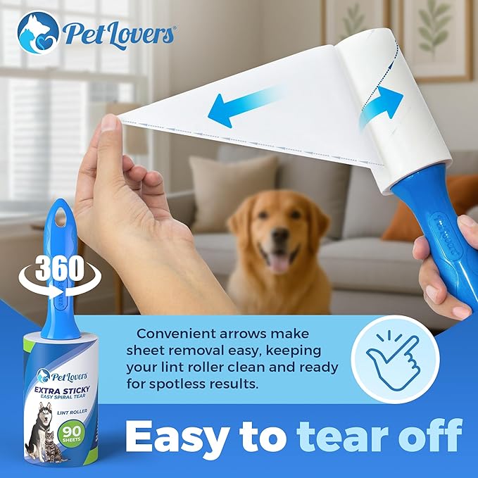 PetLovers Extra Sticky Lint Roller Mega Value Set 900 Sheets for Pet Hair Removal and Clothes, Dog and Cat Lint Remover, 10 Pack