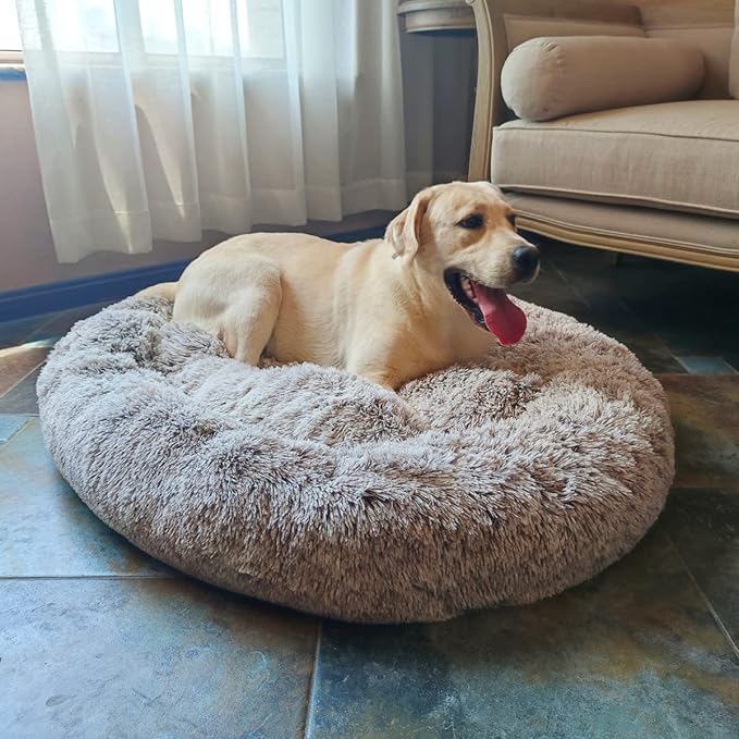 Coohom Oval Calming Donut Cuddler Dog Bed,Shag Faux Fur Cat Bed Washable Round Pillow Pet Bed(30"/36"/43") for Small Medium Dogs (XXL(43"x34"x8"), Light Brown)