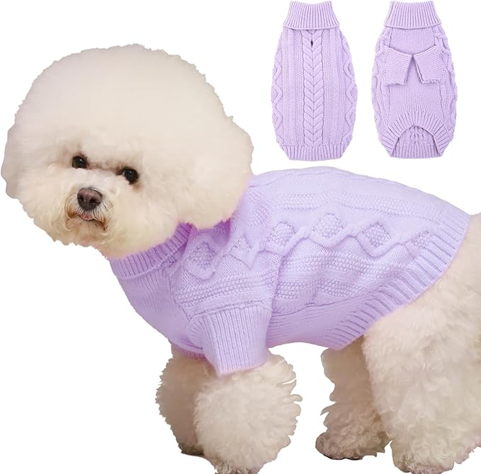 Large Dog Sweater, Pet Christmas Clothes for Big Dogs, Classic Dog Knit Sweater, Fall Dog Turtleneck, Easy On Dog Sweater with Harness Hole, Warm Dog Holiday Sweater for Dachshund, Frenchie, Purple L