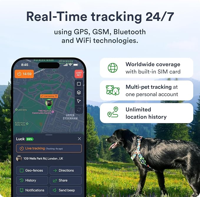 Dog GPS Tracker - Real-Time Location Tracking Device with App - Smart Alerts & Geo-Fence - Collar-Compatible, Waterproof - Long-Life Battery - iOS & Android (12-Mo Subscription Included)