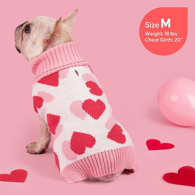 KYEESE Valentines Dog Sweater, Turtleneck Small Dog Sweater, Warm Pet Clothes with Heart Print, Stretchy Pullover Dogs Sweaters for Small Dogs, Comfy Pet Coat with Leash Hole, S