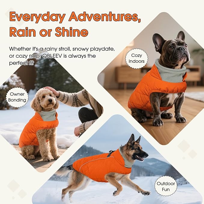 QBLEEV Dog Coat for Large Dogs, Winter Warm Fleece Vest, Waterproof & Windproof with Adjustable Fit, Built-in Harness, Reflective Trim & Zip-Up for Safe Cozy Walks — Orange, XL, for Pitbull, Boxer