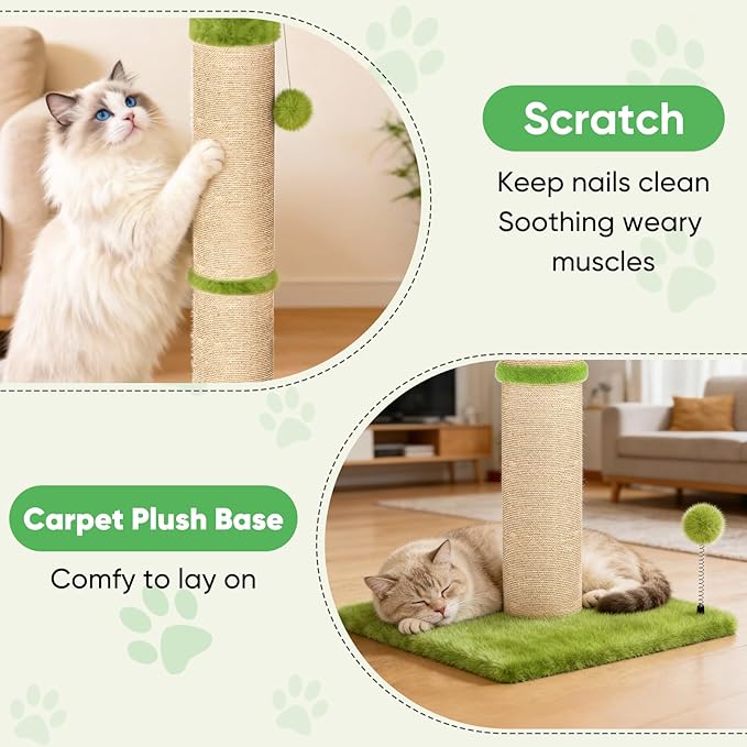 XiaZ Cat Scratching Post 34'' Tall, Cat Scratchers Tree Tower for Indoor Kitty with Extra Wide 15.8" Stable Base and 2 Toy Balls, Natural Sisal & Plush Fabric for Small, Medium Cats (Green, 2.8in)