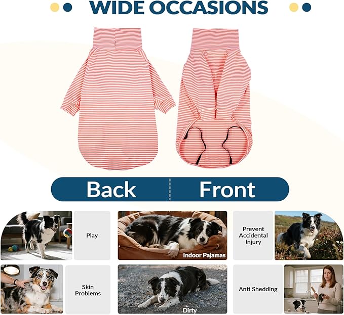 ROZKITCH Striped Dog Pajamas for Large Dogs Male Girl, Lightweight Fleece Shirt with Leash Hole, Soft Jumpsuit Loungewear for Indoor Outdoor Dailywear for Pit Bull Terrier, Siberian Husky PinkWhite XL