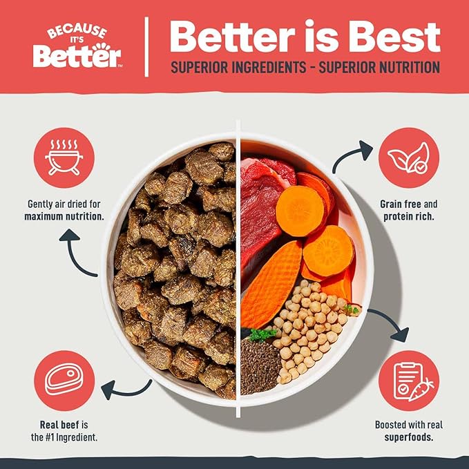 Because It's Better Slow Baked and Air Dried Dog Food, Real Beef and Veggies, 1lb Bag, Complete and Balanced Dry Dog Food, for All Life Stages