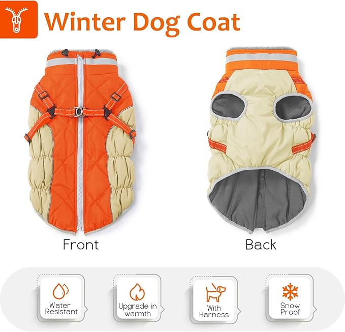Dog Winter Coat with Harness, Dog Jacket, Pet Clothes with Zipper on Back, Waterproof Windproof Warm Vest, Reflective Cold Weather Coats, for Small Medium Large Dogs, Thick, Orange, XS
