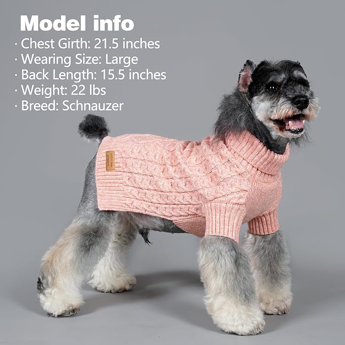 KYEESE Dog Sweater for Small Dogs, Classic Cable Knit Pets Sweater for Small Pet Stretchy Dog Coats Turtleneck Pet Sweater with Long Sleeve Dogs Clothes for Cold Weather, Pink, Large