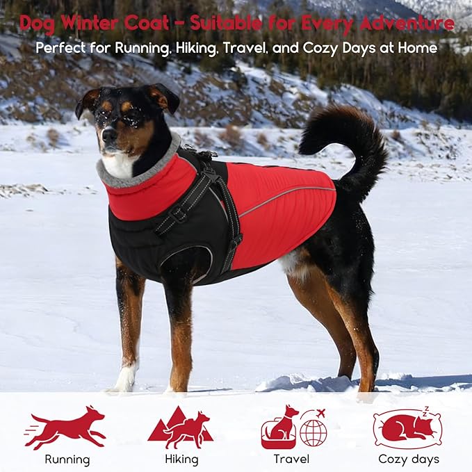 ASENKU Reflective Dog Coat with Built-in Harness, Windproof Fleece-Lined Dog Jacket for Small, Medium, Large Dogs, Warm Winter Vest with Turtleneck & Zipper (Red XS)