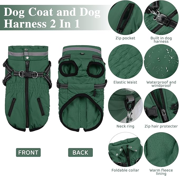 Gyuzh Dog Coat with Harness,Dog Coats for Small Dogs,Warm Fleece Winter Puppy Jacket,Waterproof Jacket with Harness Built in for Small Medium Large Dogs