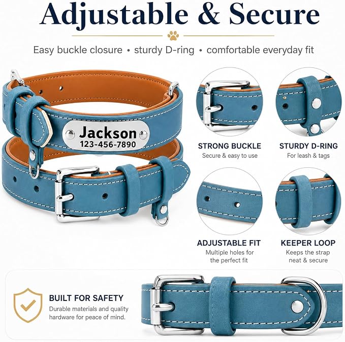 Personalized Genuine Leather Dog Collar with Name Phone Number-Sky Blue-S